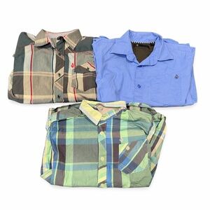 Lot of 3 Boys Volcom Casual Button-Down Shirts — Blue, Green, Gray Plaid Set